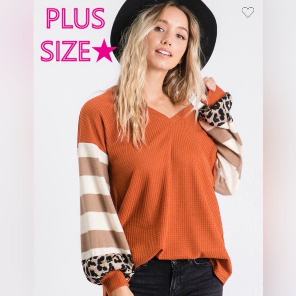 BiBi Orange V-Neck Sweatshirt with Striped and Leopard Sleeves